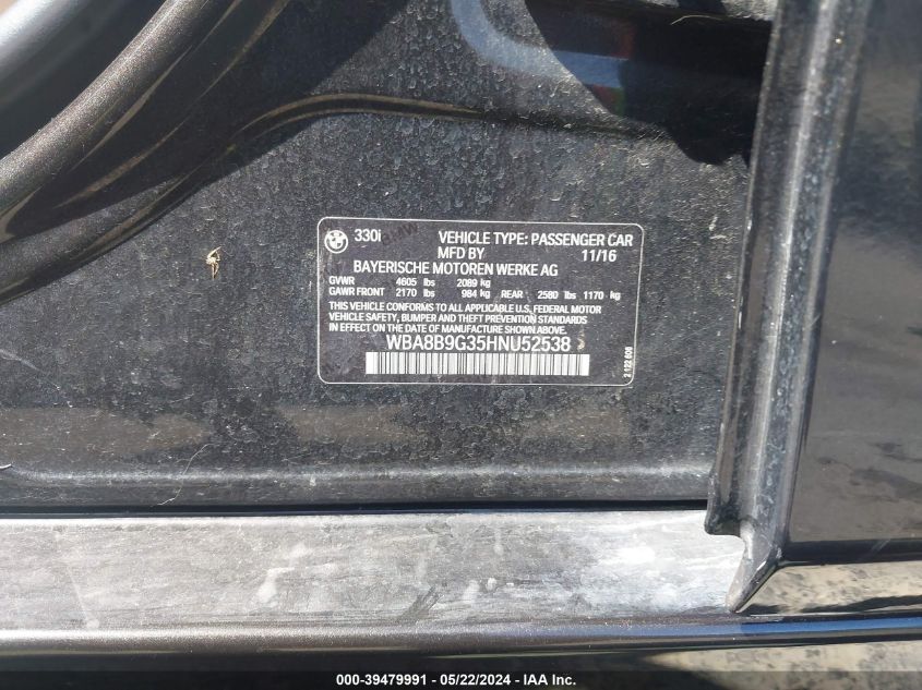 2017 BMW 330I VIN: WBA8B9G35HNU52538 Lot: 39479991