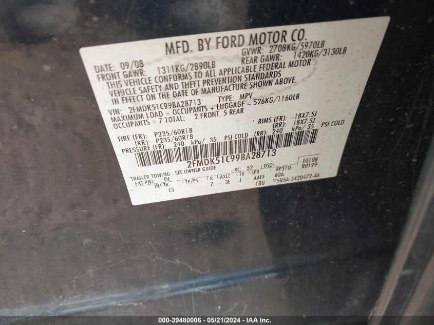 2009 Ford Flex Se VIN: 2FMDK51C99BA28713 Lot: 39480006