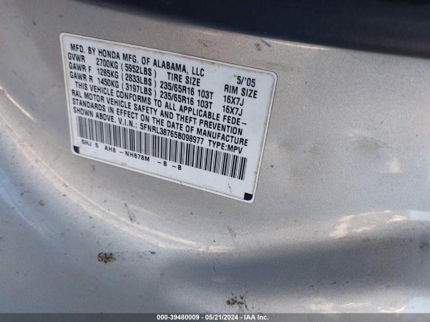 2005 Honda Odyssey Ex-L VIN: 5FNRL38765B098977 Lot: 39480009