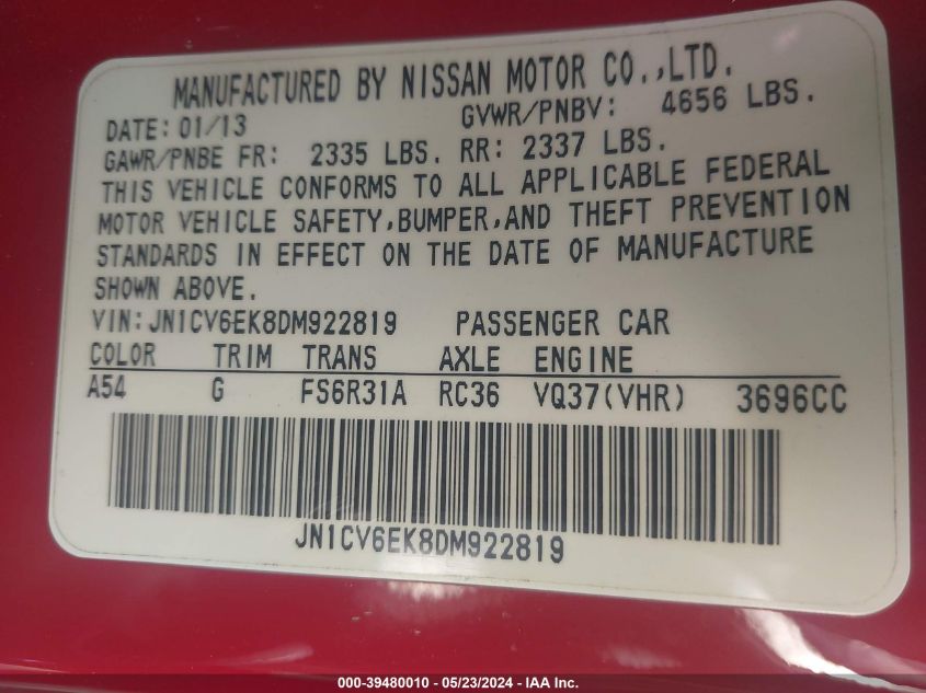 2013 Infiniti G37 Sport VIN: JN1CV6EK8DM922819 Lot: 39480010