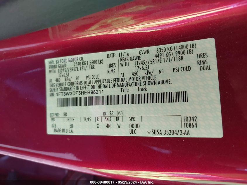 2017 Ford F-350 Lariat VIN: 1FT8W3DT5HEB98211 Lot: 39480017