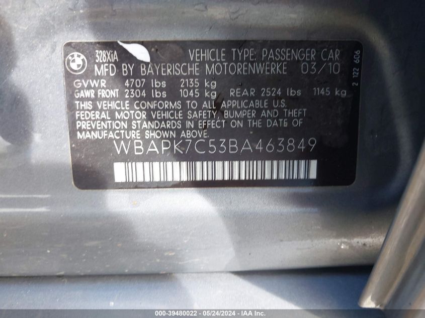 2011 BMW 328I xDrive VIN: WBAPK7C53BA463849 Lot: 39480022