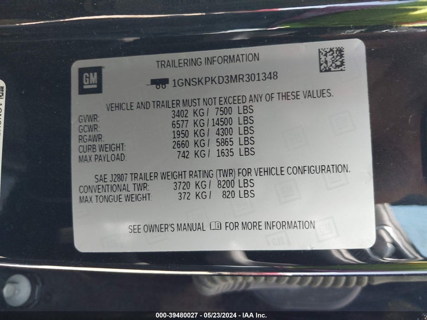 2021 Chevrolet Tahoe 4Wd Z71 VIN: 1GNSKPKD3MR301348 Lot: 39480027