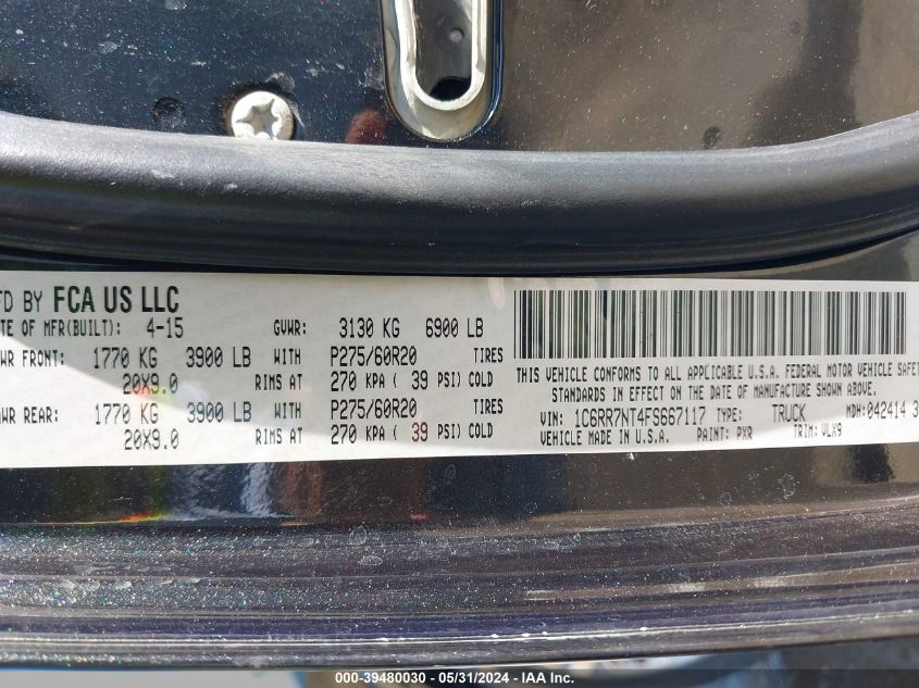 2015 Ram 1500 Laramie VIN: 1C6RR7NT4FS667117 Lot: 39480030