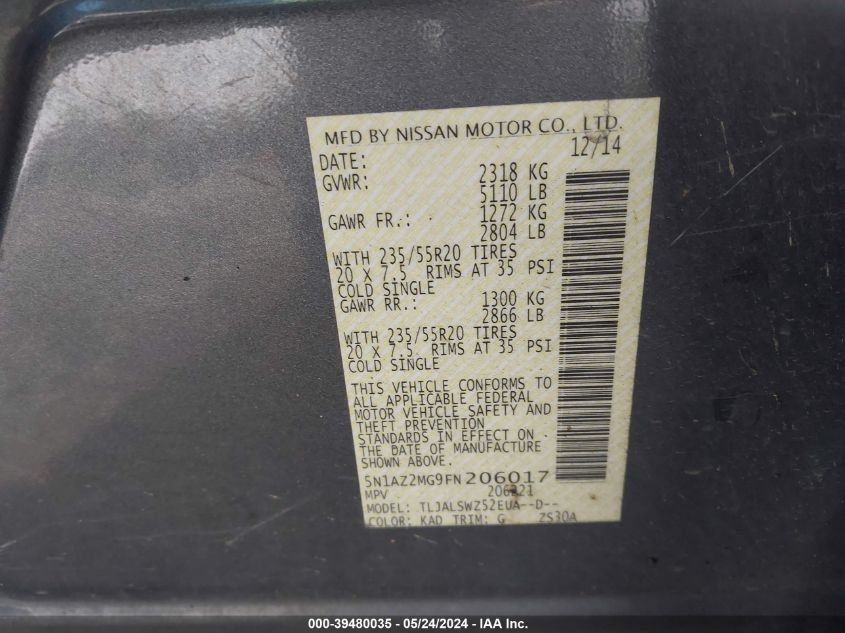 2015 Nissan Murano Platinum VIN: 5N1AZ2MG9FN206017 Lot: 39480035