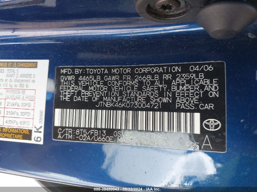 2007 Toyota Camry Le V6/Se V6/Xle V6 VIN: JTNBK46K073004721 Lot: 39480043
