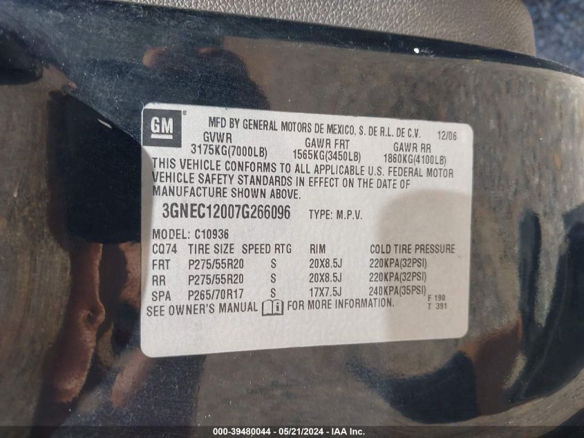 2007 Chevrolet Avalanche 1500 Ltz VIN: 3GNEC12007G266096 Lot: 39480044