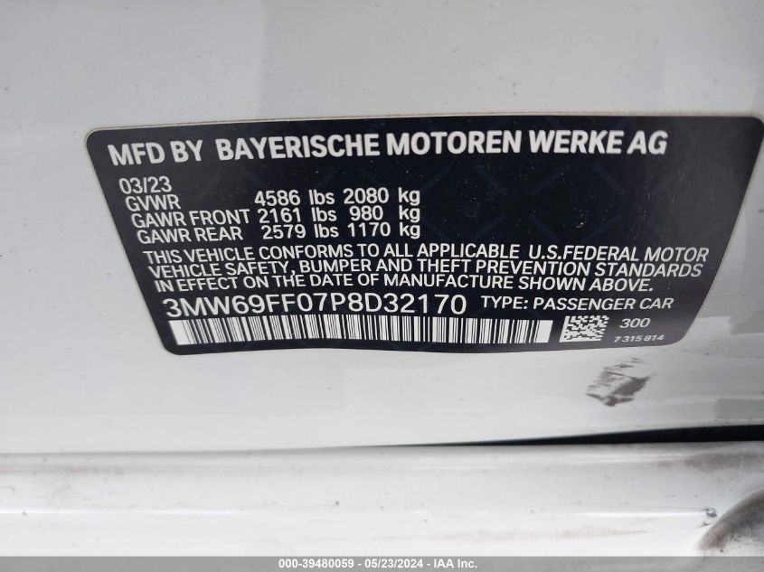 2023 BMW 330I VIN: 3MW69FF07P8D32170 Lot: 39480059