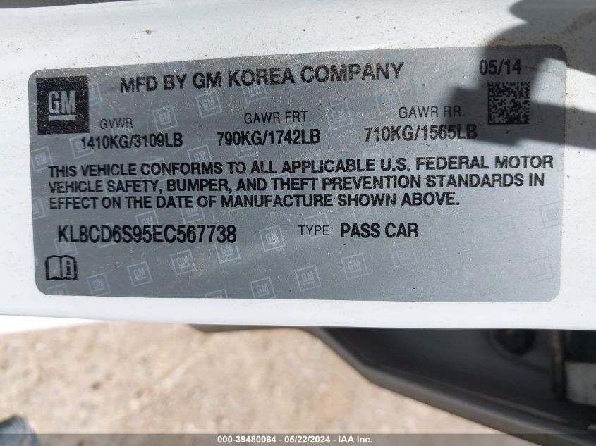 2014 Chevrolet Spark 1Lt Auto VIN: KL8CD6S95EC567738 Lot: 39480064