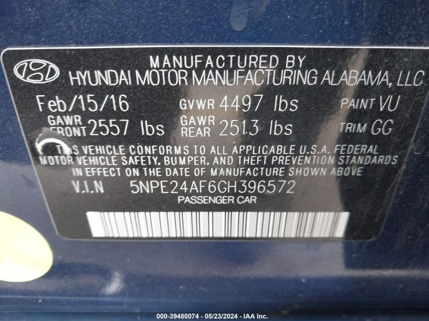 2016 HYUNDAI SONATA SE - 5NPE24AF6GH396572