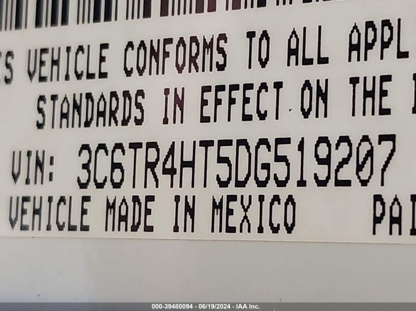 2013 Ram 2500 Tradesman VIN: 3C6TR4HT5DG519207 Lot: 39480094