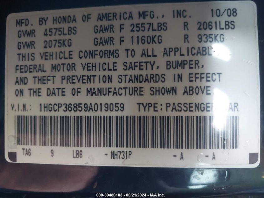 2009 Honda Accord 3.5 Ex-L VIN: 1HGCP36859A019059 Lot: 39480103