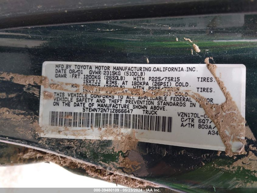 2001 Toyota Tacoma Base V6 VIN: 5TEWN72N71Z866647 Lot: 39480109