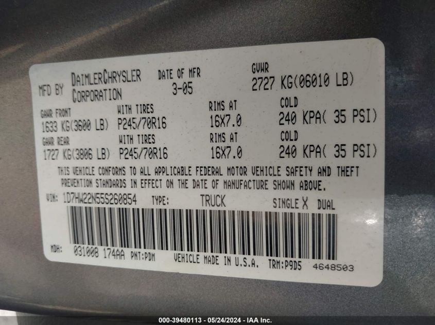 2005 Dodge Dakota St VIN: 1D7HW22N55S260854 Lot: 39480113