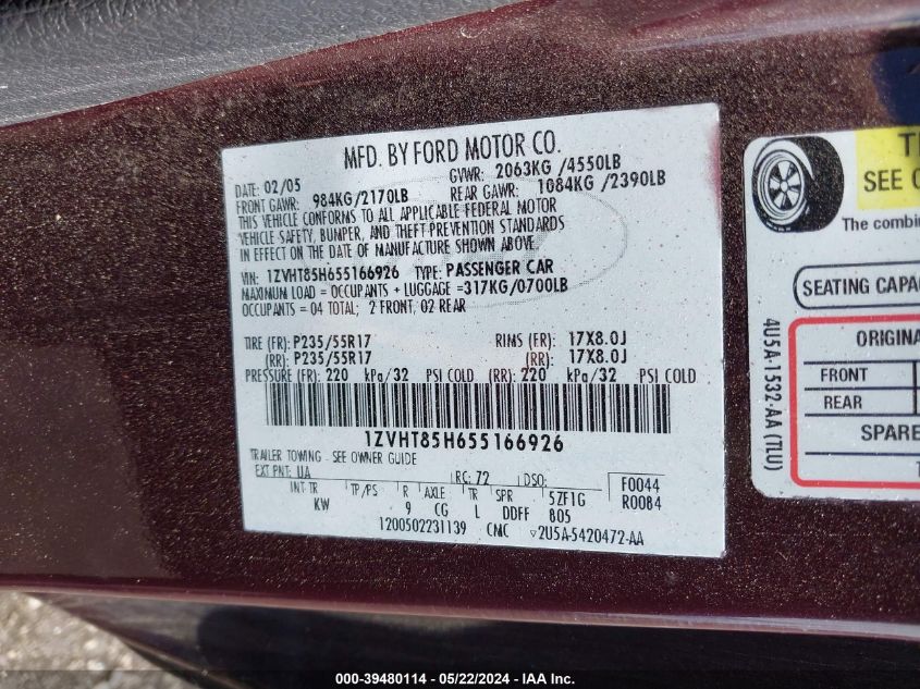 2005 Ford Mustang Gt VIN: 1ZVHT85H655166926 Lot: 39480114