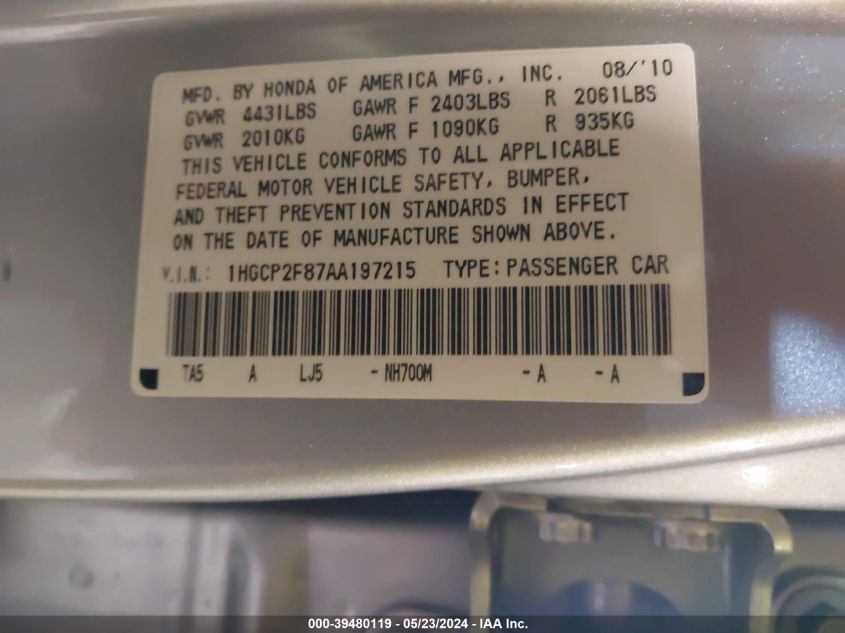 2010 Honda Accord 2.4 Ex-L VIN: 1HGCP2F87AA197215 Lot: 39480119