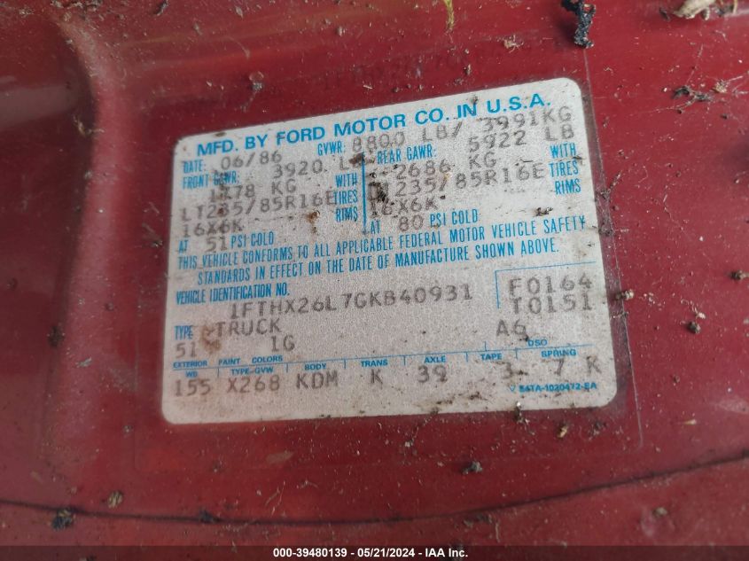 1986 Ford F250 VIN: 1FTHX26L7GKB40931 Lot: 39480139