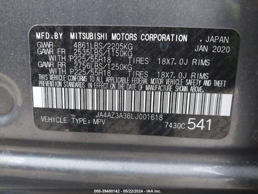 2020 Mitsubishi Outlander Es 2.4 S-Awc/Le 2.4 S-Awc/Se 2.4 S-Awc/Sel 2.4 S-Awc/Sp 2.4 S-Awc VIN: JA4AZ3A36LJ001618 Lot: 39480142