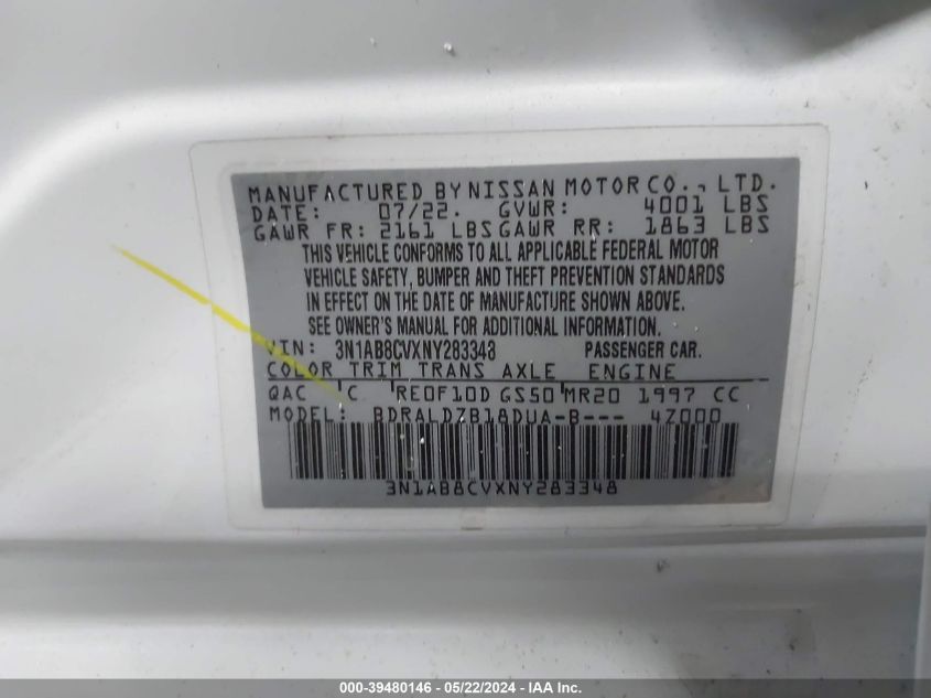 2022 Nissan Sentra Sv Xtronic Cvt VIN: 3N1AB8CVXNY283348 Lot: 39480146