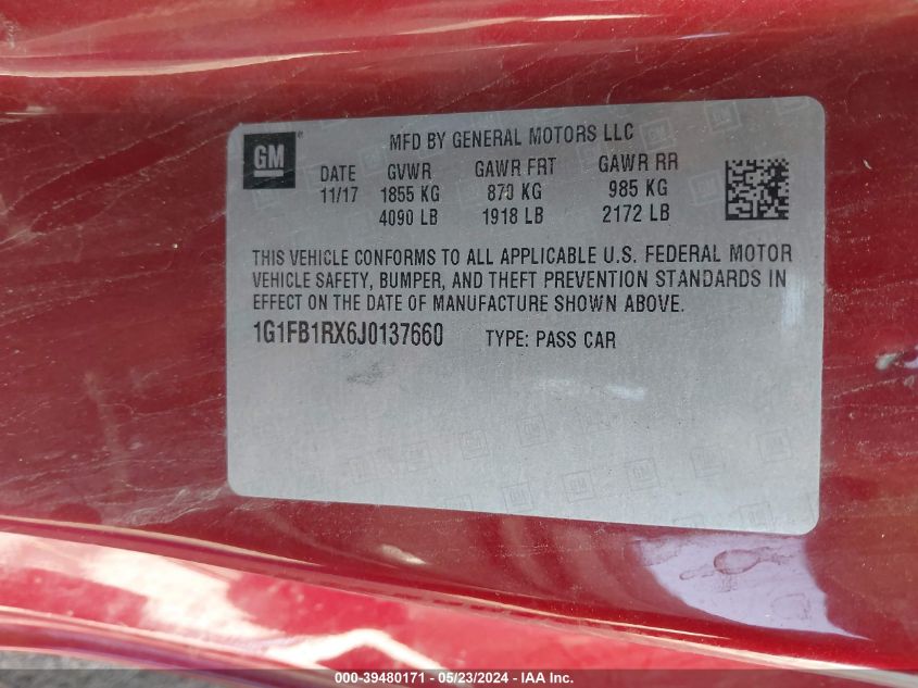 2018 Chevrolet Camaro 1Lt VIN: 1G1FB1RX6J0137660 Lot: 39480171