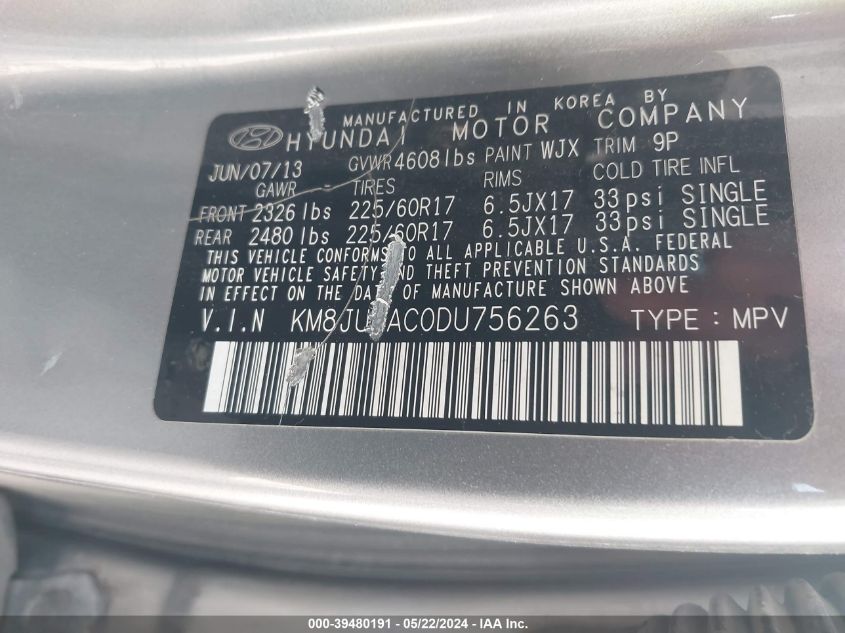 2013 Hyundai Tucson Gls VIN: KM8JUCAC0DU756263 Lot: 39480191