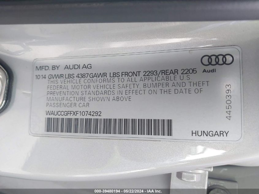 2015 Audi A3 1.8T Premium VIN: WAUCCGFFXF1074292 Lot: 39480194