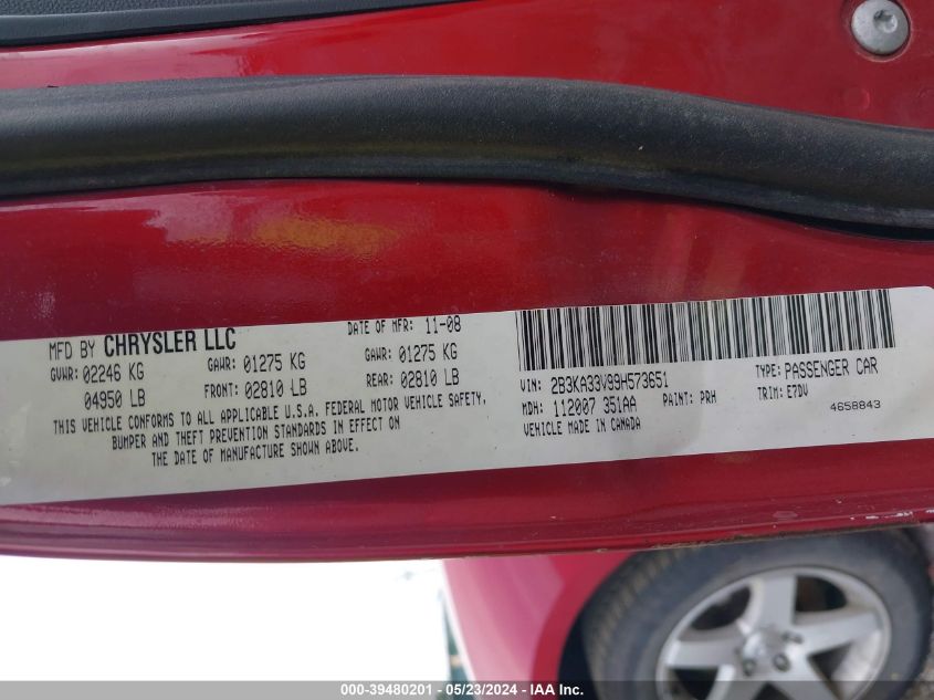 2009 Dodge Charger Sxt VIN: 2B3KA33V99H573651 Lot: 39480201