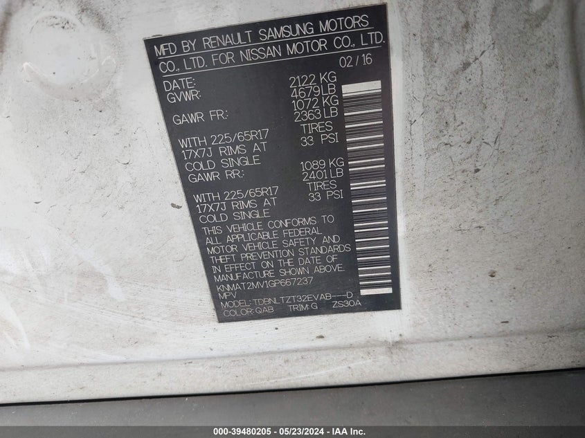 2016 Nissan Rogue Sv VIN: KNMAT2MV1GP667237 Lot: 39480205