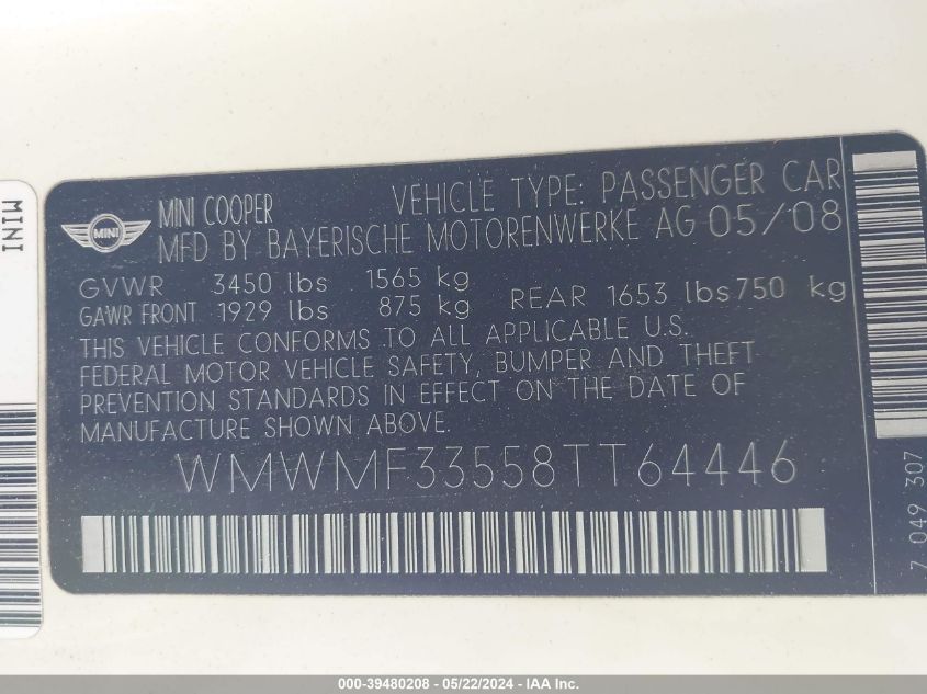 2008 Mini Cooper VIN: WMWMF33558TT64446 Lot: 39480208