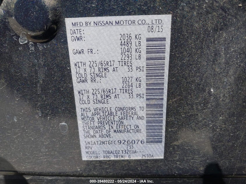 2015 Nissan Rogue Sv VIN: 5N1AT2MT6FC926076 Lot: 39480222