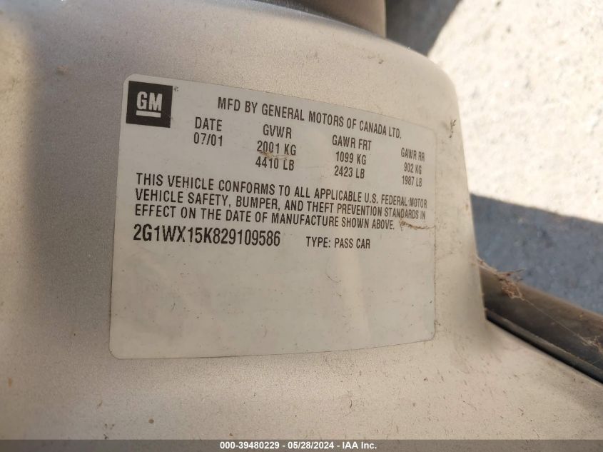 2002 Chevrolet Monte Carlo Ss VIN: 2G1WX15K829109586 Lot: 39480229