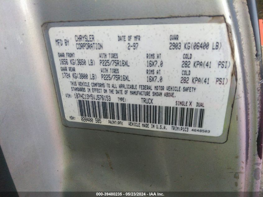 1997 Dodge Ram 1500 St VIN: 1B7HC13Y5VJ576153 Lot: 39480235