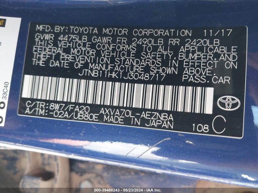 2018 Toyota Camry Le VIN: JTNB11HK1J3048717 Lot: 39480243