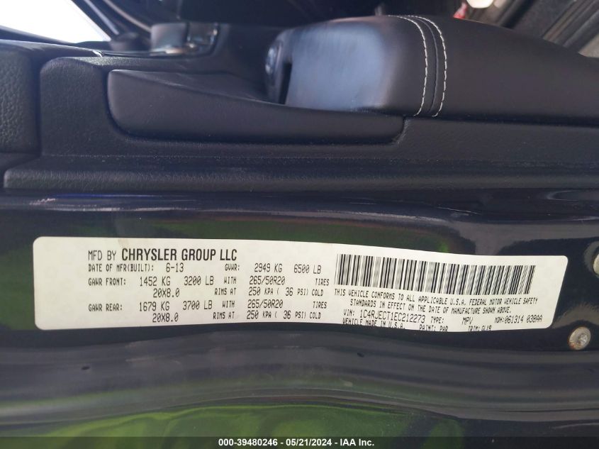 2014 Jeep Grand Cherokee Overland VIN: 1C4RJECT1EC212273 Lot: 39480246