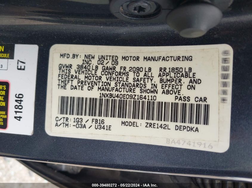 2009 Toyota Corolla Le VIN: 1NXBU40E09Z164110 Lot: 39480272