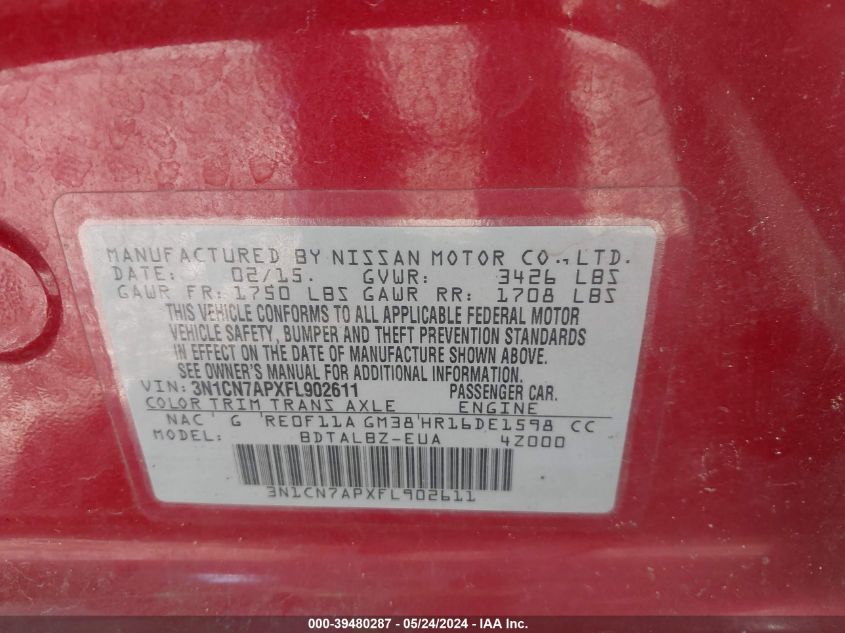 2015 Nissan Versa 1.6 S/1.6 S+/1.6 Sl/1.6 Sv VIN: 3N1CN7APXFL902611 Lot: 39480287