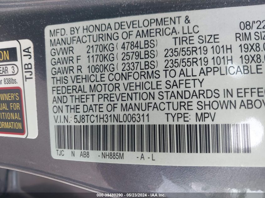 2022 Acura Rdx Standard VIN: 5J8TC1H31NL006311 Lot: 39480290