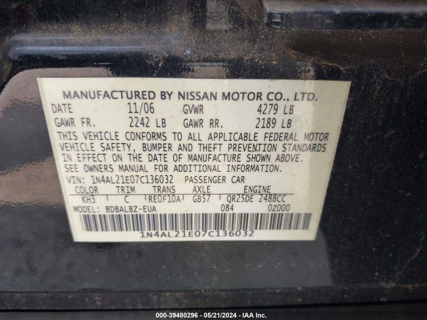 2007 Nissan Altima 2.5 S VIN: 1N4AL21E07C136032 Lot: 39480296