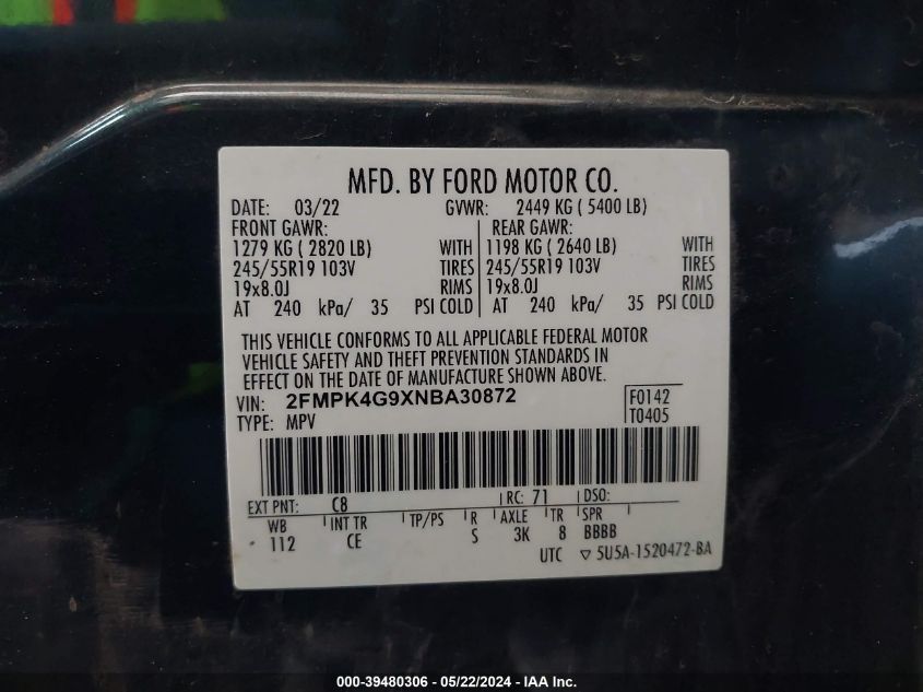 2022 Ford Edge Se VIN: 2FMPK4G9XNBA30872 Lot: 39480306