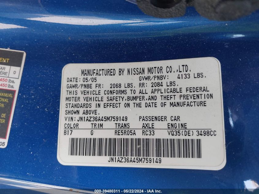 2005 Nissan 350Z Enthusiast VIN: JN1AZ36A45M759149 Lot: 39480311