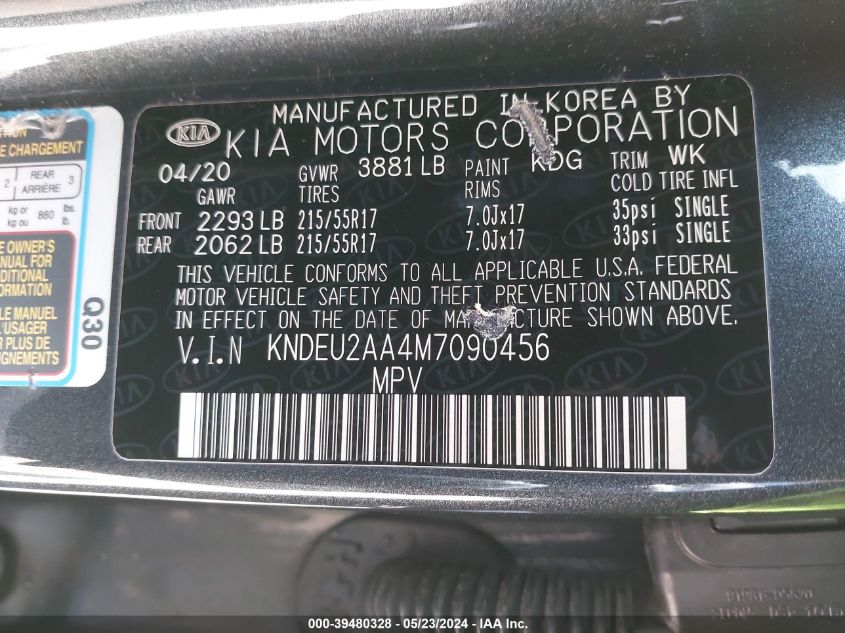 2021 Kia Seltos S VIN: KNDEU2AA4M7090456 Lot: 39480328