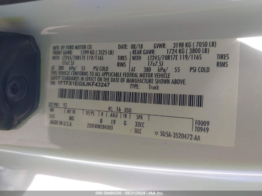2018 Ford F-150 Xlt VIN: 1FTFX1EG8JKF43247 Lot: 39480330