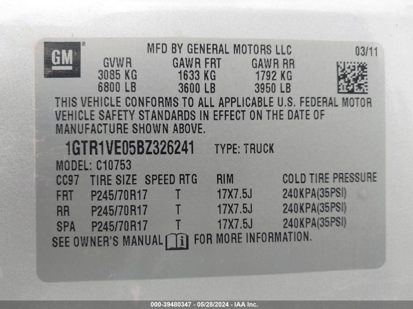 2011 GMC Sierra 1500 Sle VIN: 1GTR1VE05BZ326241 Lot: 39480347