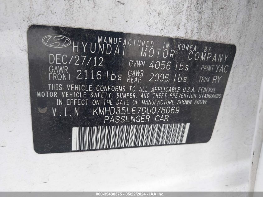 2013 Hyundai Elantra Gt VIN: KMHD35LE7DU078069 Lot: 39480375