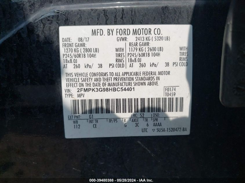 2017 Ford Edge Se VIN: 2FMPK3G98HBC54401 Lot: 39480388