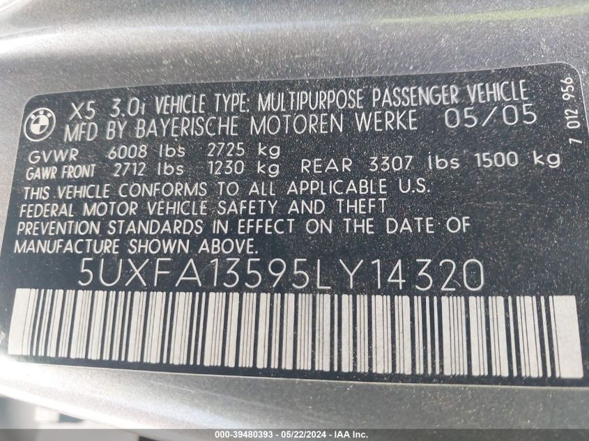 2005 BMW X5 3.0I VIN: 5UXFA13595LY14320 Lot: 39480393