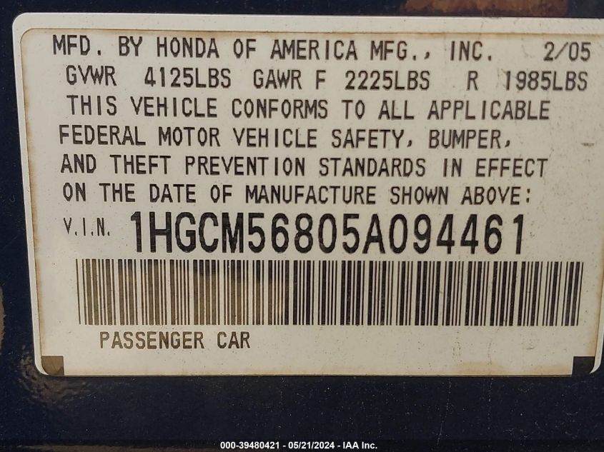 2005 Honda Accord 2.4 Ex VIN: 1HGCM56805A094461 Lot: 39480421