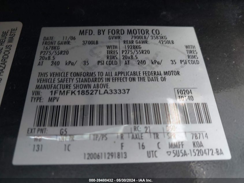 2007 Ford Expedition El Eddie Bauer VIN: 1FMFK18527LA33337 Lot: 39480432