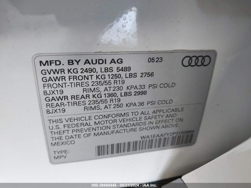 2023 Audi Q5 Premium Plus 45 Tfsi S Line Quattro VIN: WA1EAAFY2P2150884 Lot: 39480448