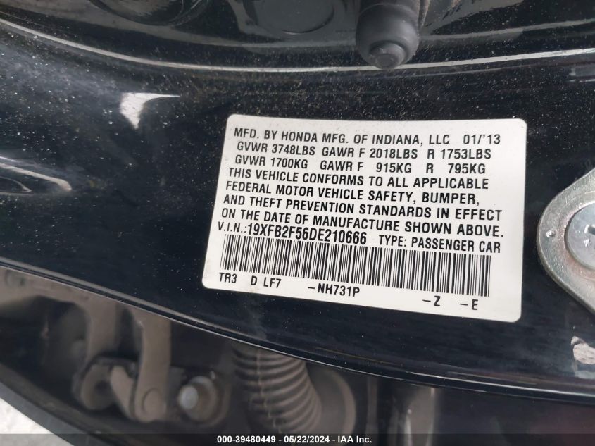 2013 Honda Civic Lx VIN: 19XFB2F56DE210666 Lot: 39480449